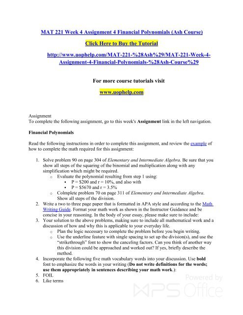 MAT 221 Week 4 Assignment 4 Financial Polynomials (Ash Course)/uophelp