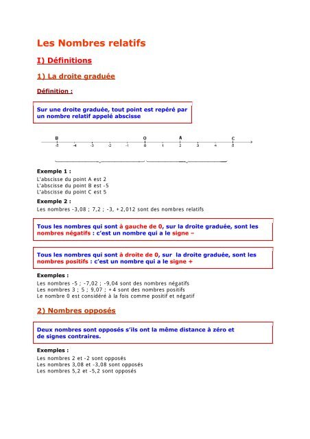 5e - Les Nombres relatifs - Parfenoff . org