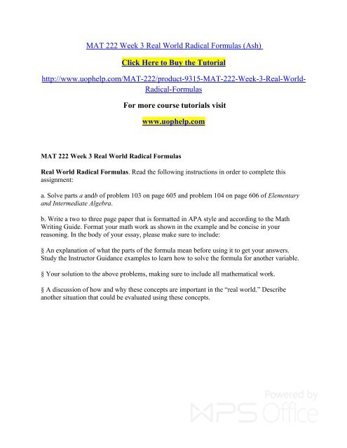 MAT 222 Week 3 Real World Radical Formulas/uophelp