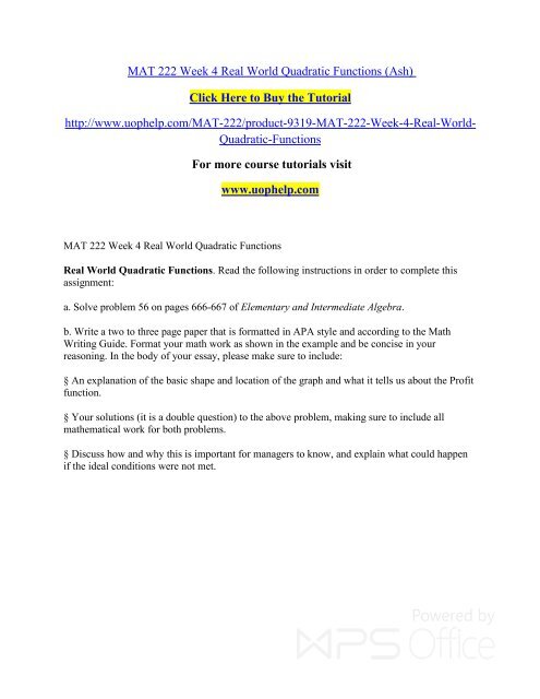 Mat 222 Week 4 Real World Quadratic Functionsuophelp