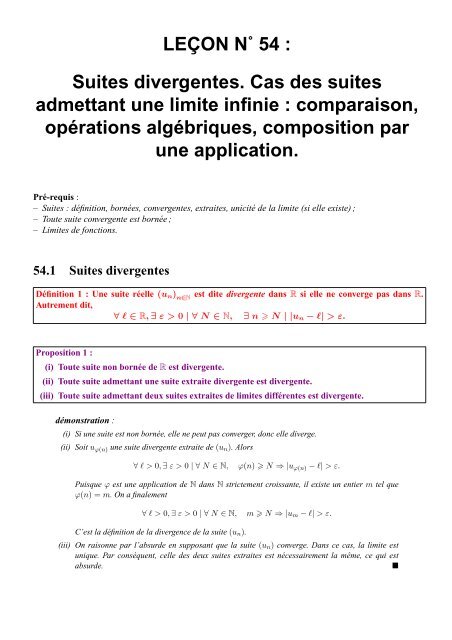 LEÃ‡ON NËš 54 : Suites divergentes. Cas des ... - CAPES de Maths