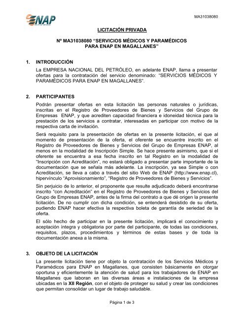 LICITACIÓN PRIVADA Nº MA31038080 “SERVICIOS ... - Enap