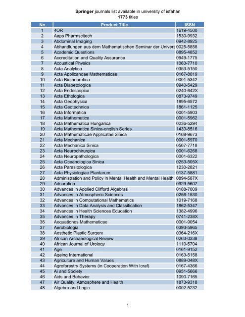Springer journals list available in university of isfahan 1773 