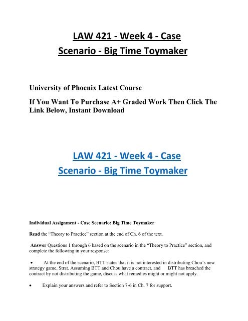 Law 421 Week 4 Case Scenario Big Time Toymaker Uop Students