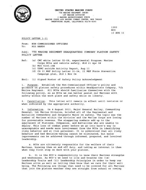 7th Marines NCO Safety Policy Letter - 1st Marine Division