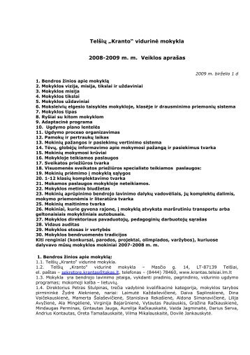 Telšių „Kranto“ vidurin÷ mokykla 2008-2009 m. m. Veiklos aprašas