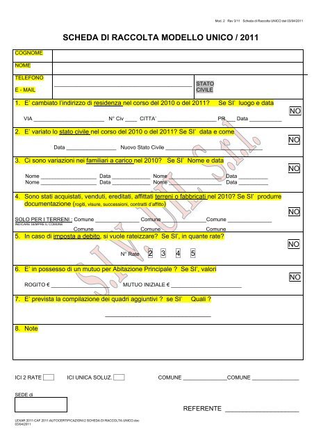 SCHEDA DI RACCOLTA MODELLO UNICO / 2011 - uil varese