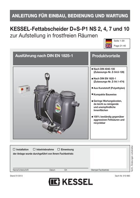 KESSEL-Fettabscheider D+S-P1 NS 2, 4, 7 und 10 zur Aufstellung ...