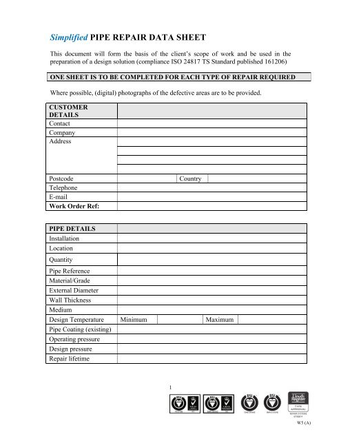 Pipe Rework Form Simplified PIPE REPAIR DATA SHEET - PT. Harimau Putih