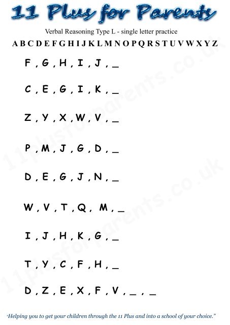 Verbal Reasoning Type L single letter worksheet - Guide for the 11 ...