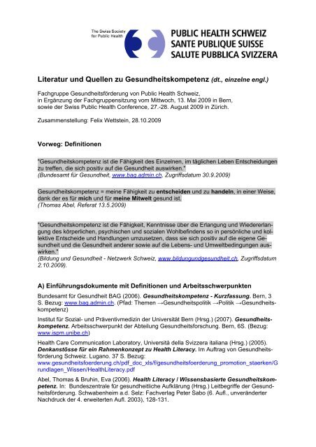 Gesundheitskompetenz Literatur - Public Health Schweiz