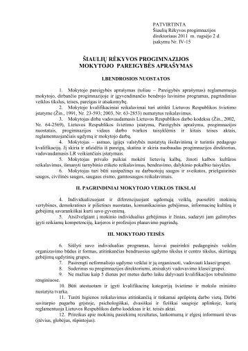Å¡iauliÅ³ rÄkyvos progimnazijos mokytojo pareigybÄs apraÅ¡ymas