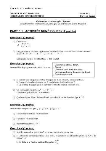 PARTIE 1 : ACTIVITÃS NUMÃRIQUES (12 points)