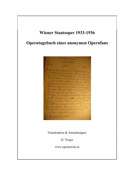 Wiener Staatsoper 1933-1936 Operntagebuch eines ... - Oper in Wien