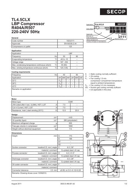 TL4.5CLX LBP Compressor R404A/R507 220-240V 50Hz - Secop