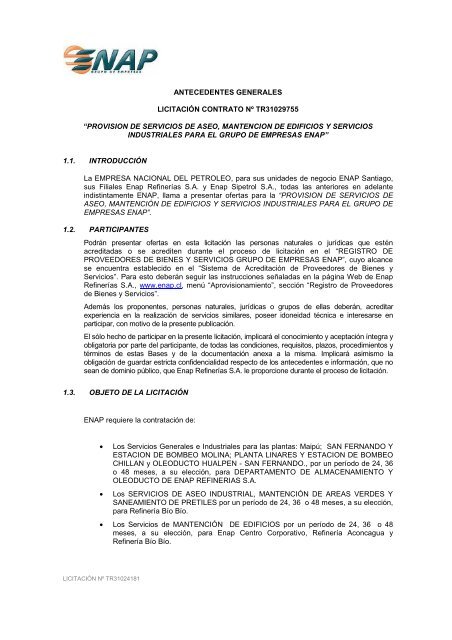 ANTECEDENTES GENERALES LICITACIÓN CONTRATO Nº ... - Enap