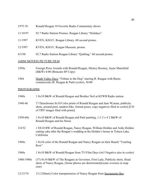 Inventory (346k pdf file). - Ronald Reagan Presidential Library