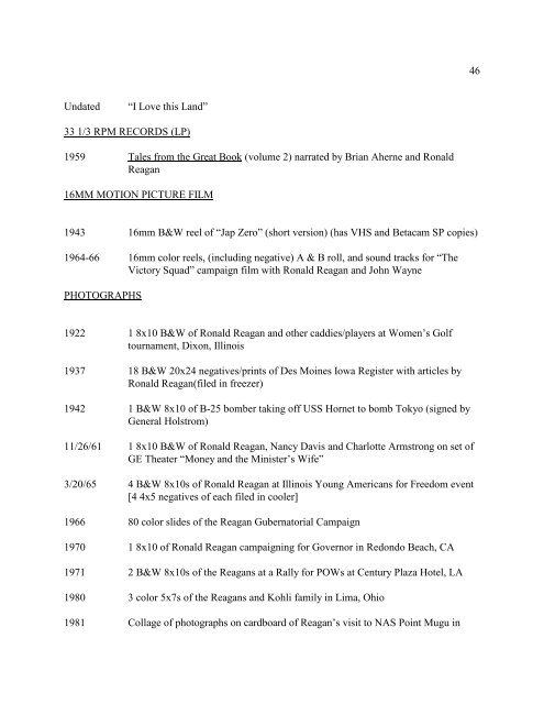 Inventory (346k pdf file). - Ronald Reagan Presidential Library