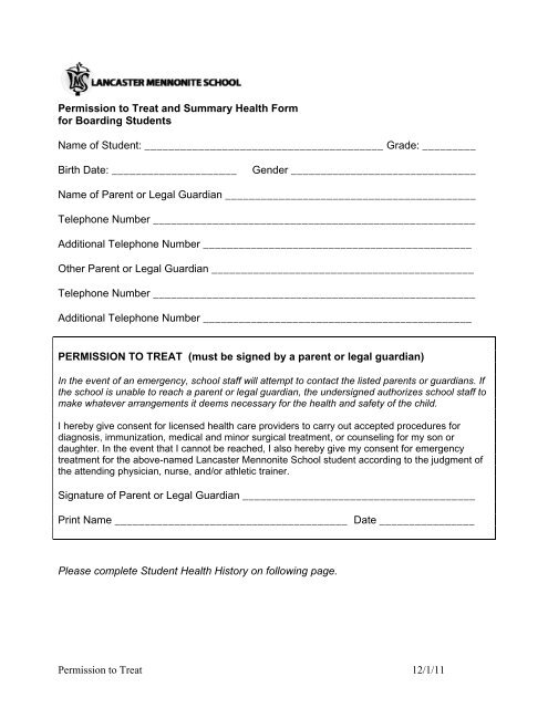 Permission To Treat And Summary Health Form For Boarding Students