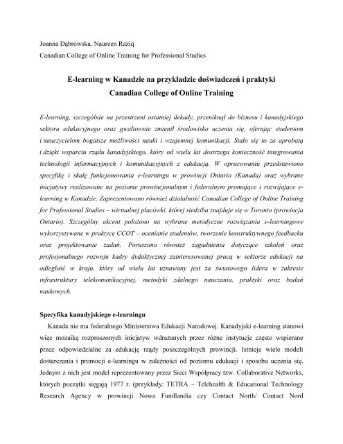 E-learning w Kanadzie na przykładzie doświadczeń i praktyki ...