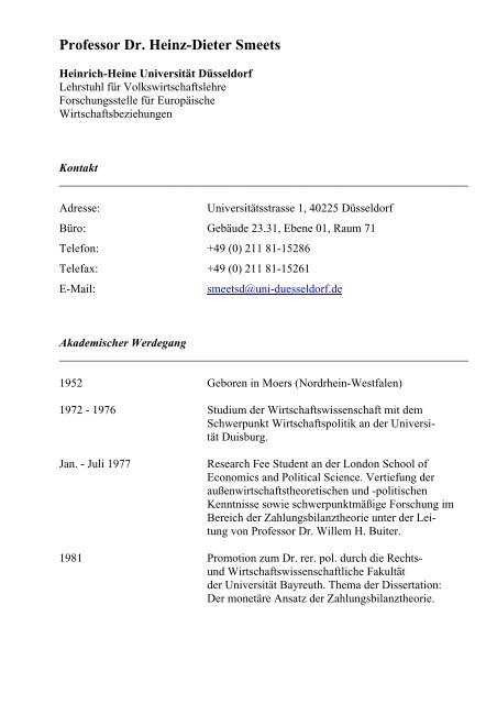 AusfÃ¼hrlicher Lebenslauf - Prof. Dr. Heinz-Dieter Smeets - Heinrich