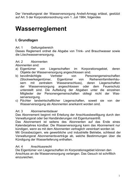 Wasserreglement - Wasserversorgung Andwil-Arnegg