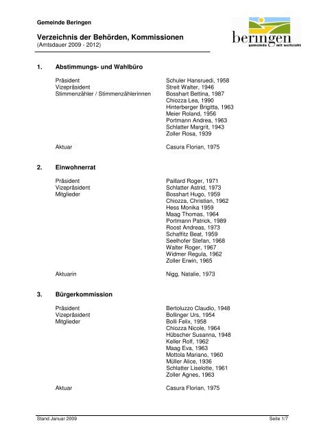 Verzeichnis BehÃ¶rden Kommissionen 2009 - Beringen