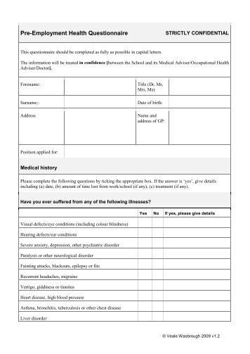 Pre-Employment Health Questionnaire - Priory Preparatory School