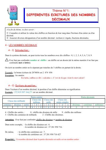 ThÃ¨me NÂ°1: DIFFERENTES ECRITURES DES NOMBRES DECIMAUX