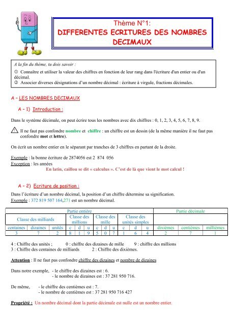 ThÃ¨me NÂ°1: DIFFERENTES ECRITURES DES NOMBRES DECIMAUX