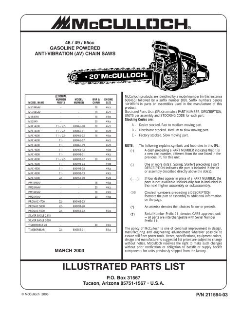 McCulloch Chainsaw Parts List 211594 03 Barrett Small Engine