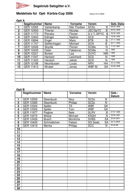 Segelclub Salzgitter e.V. Meldeliste fÃ¼r Opti KÃ¼rbis-Cup 2009 - SCSz