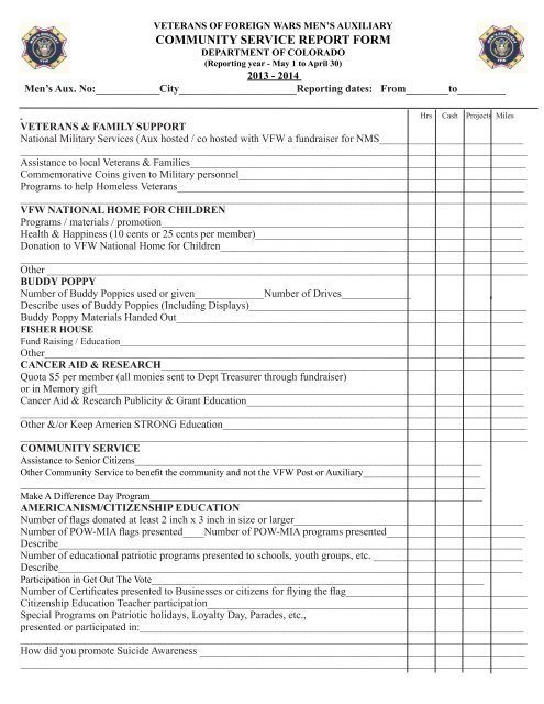 2013-2014 Community Service Report Form for Mens Auxiliary - VFW
