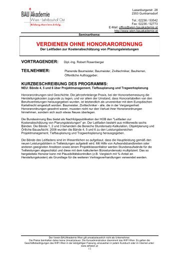 VERDIENEN OHNE HONORARORDNUNG - Bauakademie Wien