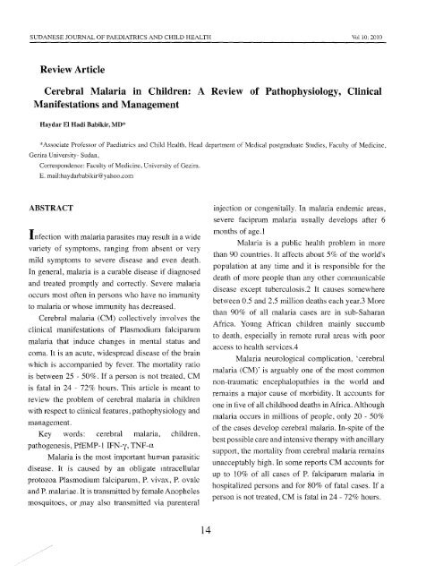 Cerebral Malaria in Children: A Review of ... - Sudanjp.org