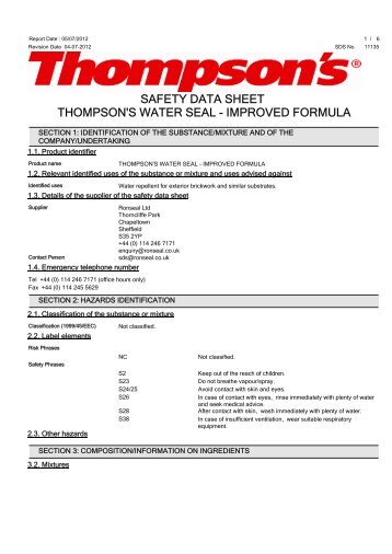 safety data sheet thompson's water seal - improved formula - Toolbank
