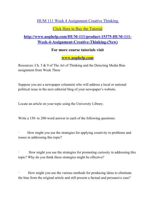 HUM 111 Week 4 Assignment Creative Thinking /Uophelp
