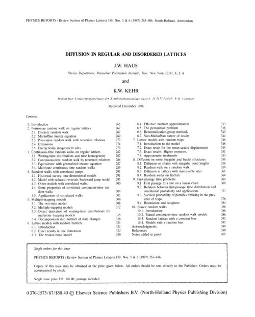 J. W. Haus, K. W. Kehr, Diffusion in regular and disordered lattices ...