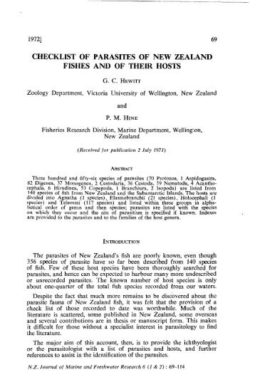 checklist of parasites of new zealand fishes and of their hosts