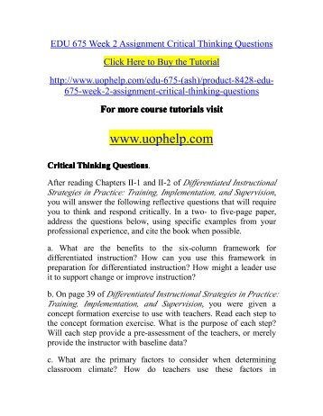 EDU 675 Week 2 Assignment Critical Thinking Questions/uophelp