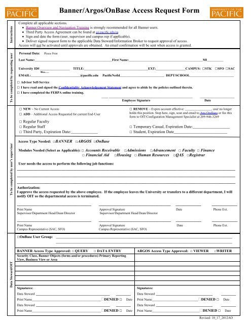Banner Argos Onbase Access Request Form University Of The Pacific