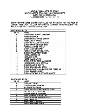 GOVT. OF INDIA, DEPT. OF SPACE NORTH EASTERN SPACE ...