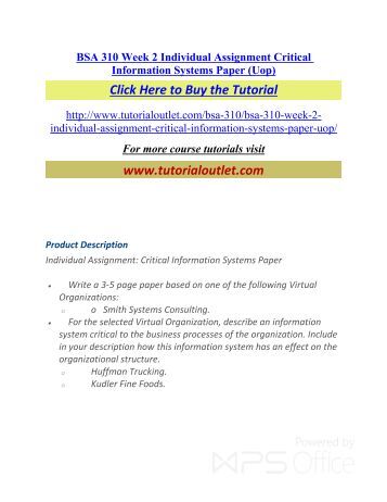 bsa 310 week 2 individual assignment Bsa 310 week 2 individual assignment essay more about bsa 310 week 4, individual assignment - mcbride marketing plan bsa 310 week 4, individual assignment - mcbride marketing plan 889 words | 4 pages bus 475 week 4 individual assignment 2. bsa 310 week 2 individual assignment Bsa 310 week 2 individual assignment essay more about bsa 310 week 4, individual assignment - mcbride marketing plan bsa 310 week 4, individual assignment - mcbride marketing plan 889 words | 4 pages bus 475 week 4 individual assignment 2.