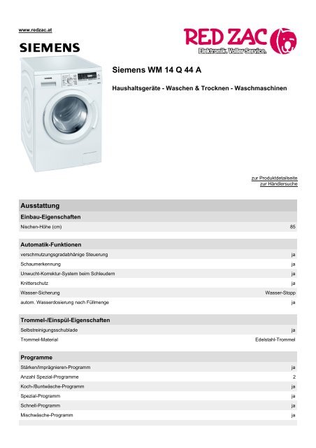 Produktdatenblatt Siemens WM 14 Q 44 A - Red Zac