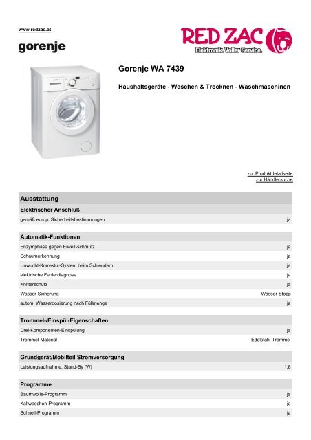 Produktdatenblatt Gorenje WA 7439 - Red Zac