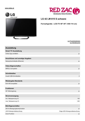 Produktdatenblatt LG 42 LM 615 S schwarz - Red Zac