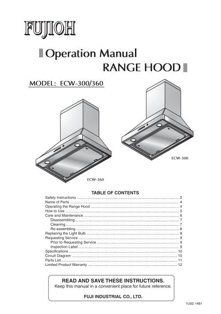 Operation Manual RANGE HOOD - Custom Service Hardware