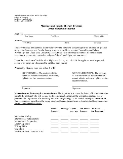 Marriage and Family Therapy Program Letter of Recommendation
