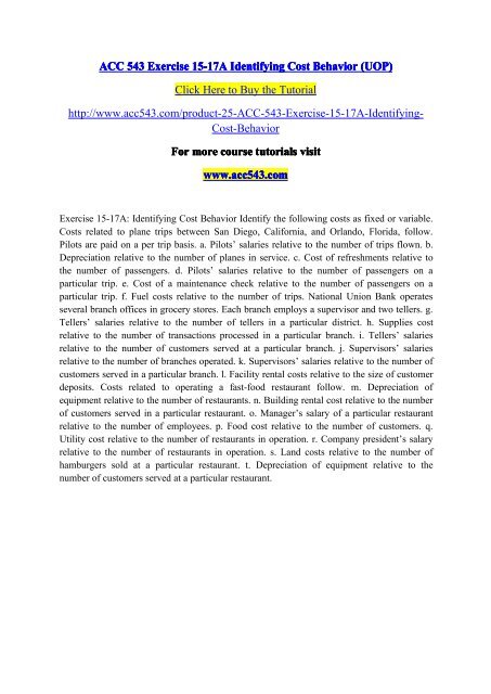 ACC 543 Exercise 15-17A Identifying Cost Behavior / acc543dotcom