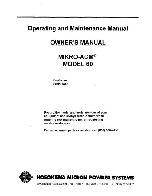 OWNER'S MANUAL MlKRO-ACMÂ® MODEL 60 - Hosokawa Micron ...